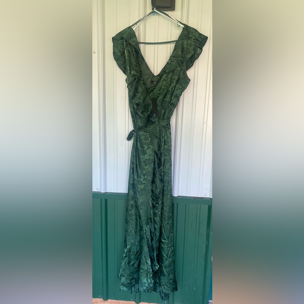 Lulus romantic emerald green wrap dress.